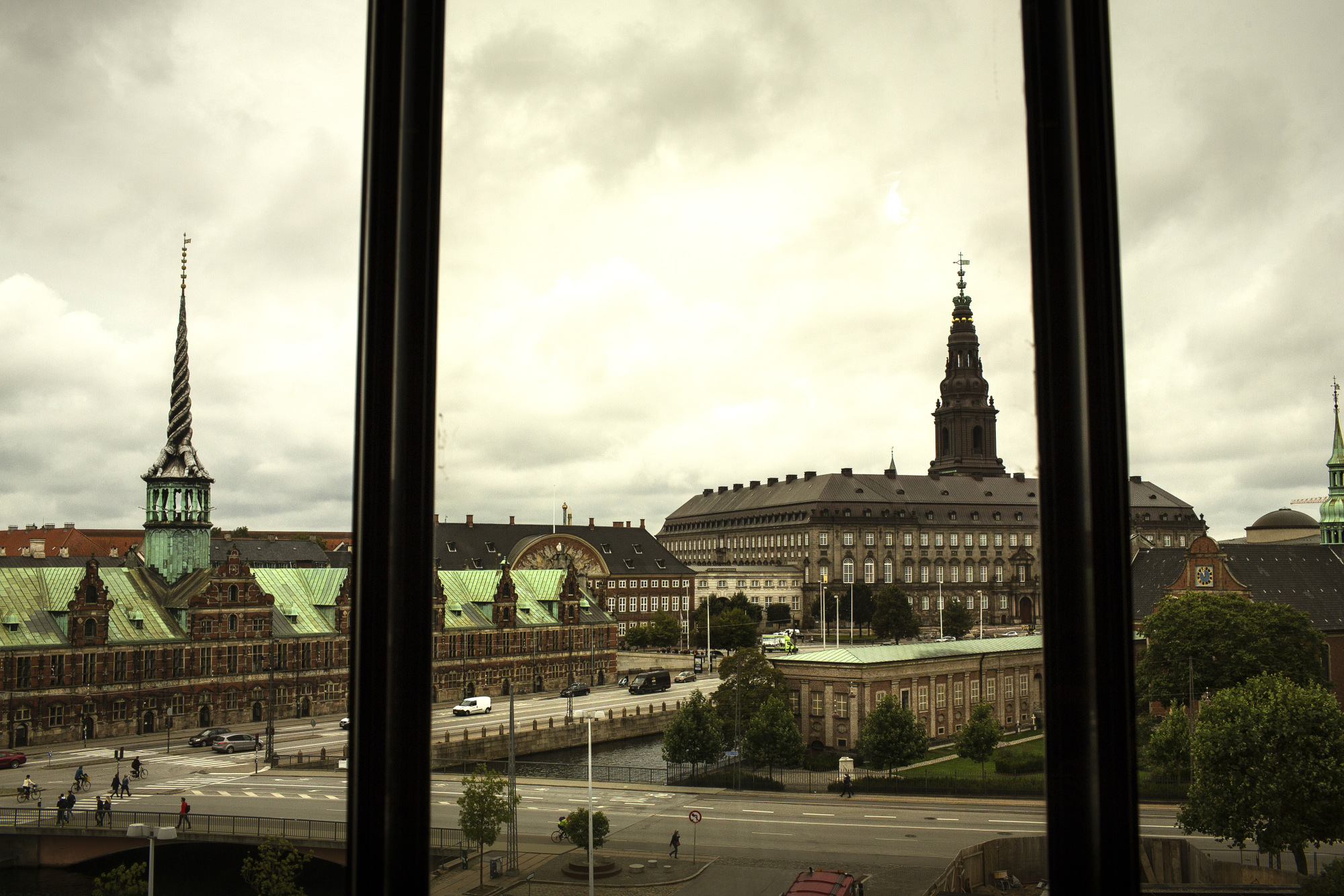 The old stock exchange building, left, also known as Borsbygningen, and Christiansborg Palace, right, sit on the city skyline seen from the headquarters of the Danish central bank in Copenhagen.