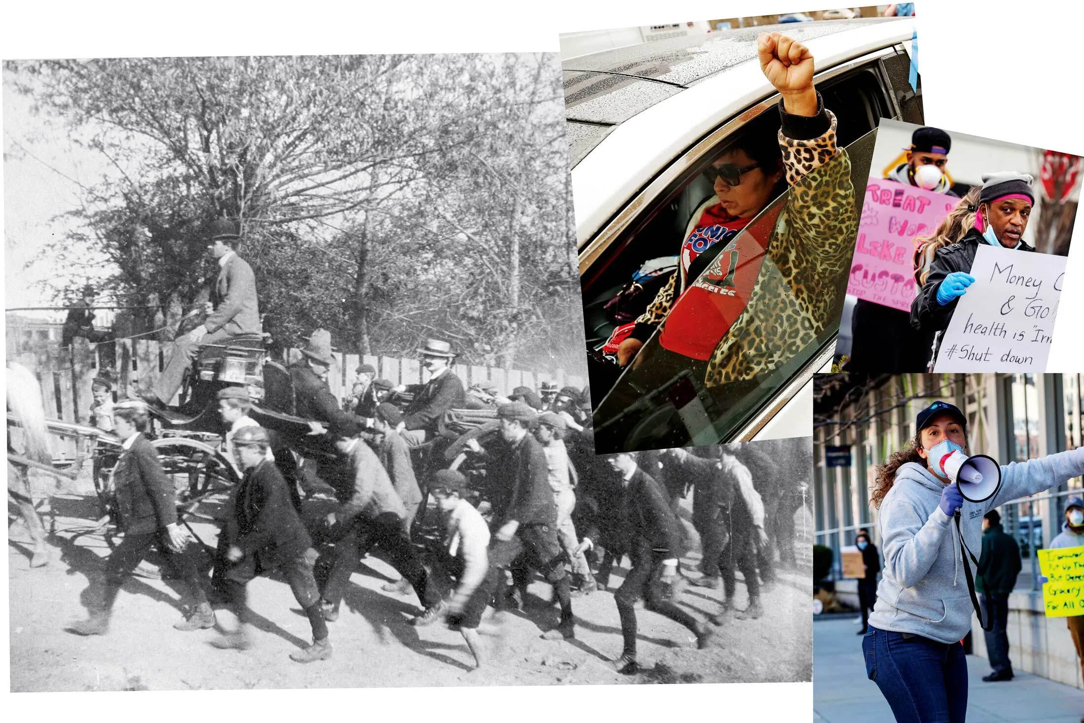Miners’ union president John Mitchell arriving in Shenandoah, Pa., in 1902 (left), and&nbsp;(from top) McDonald’s, Amazon, and grocery store workers protest as the pandemic spreads.
