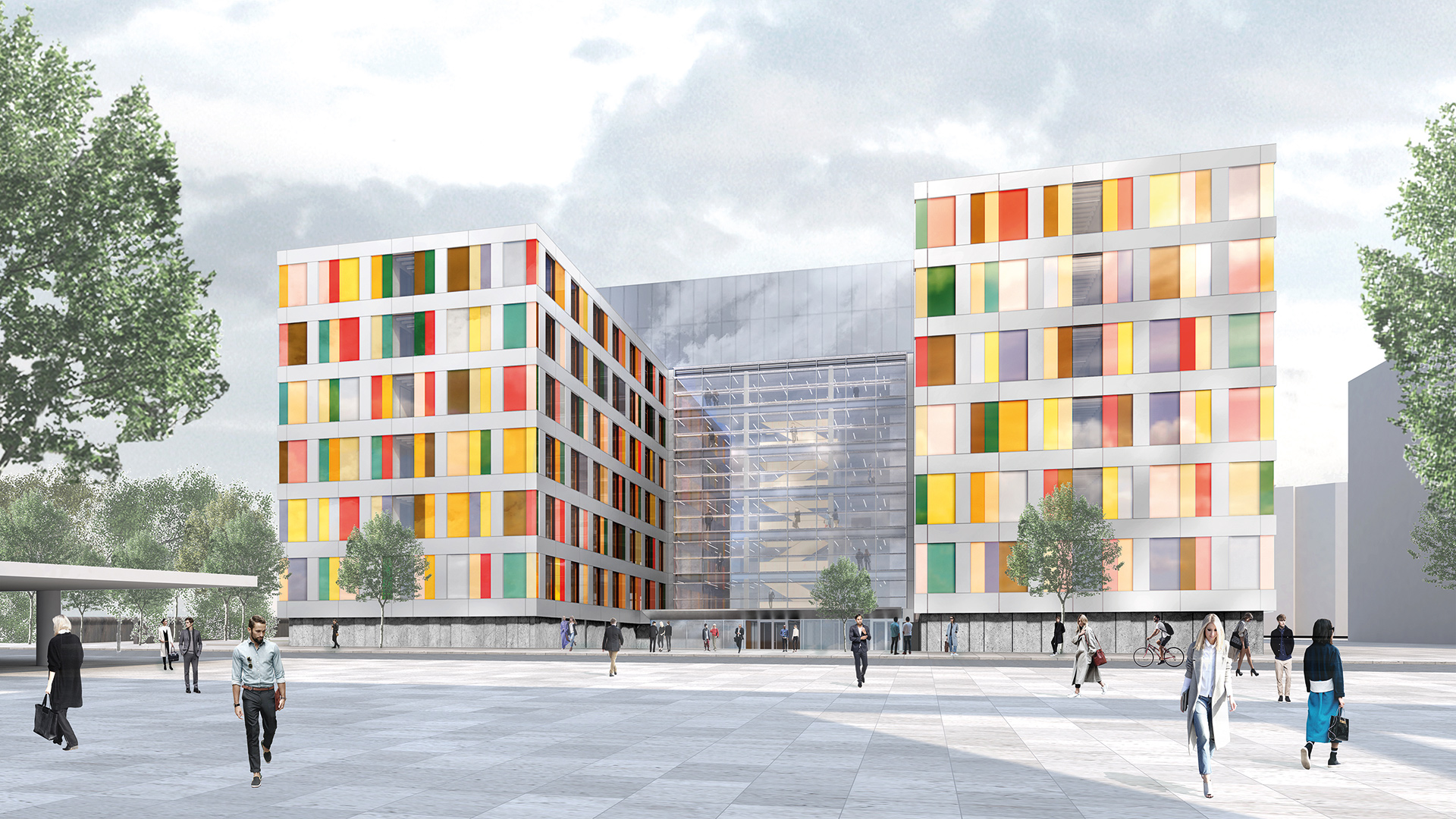 A computer-generated image showing the multicolored panels on the Luisenblock West’s facade.