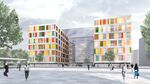 A computer-generated image showing the multicolored panels on the Luisenblock West’s facade.
