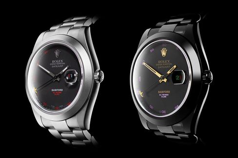 The Bamford Watch Department X Beatles Yellow Submarine Datejust MGTC in light gray and black.