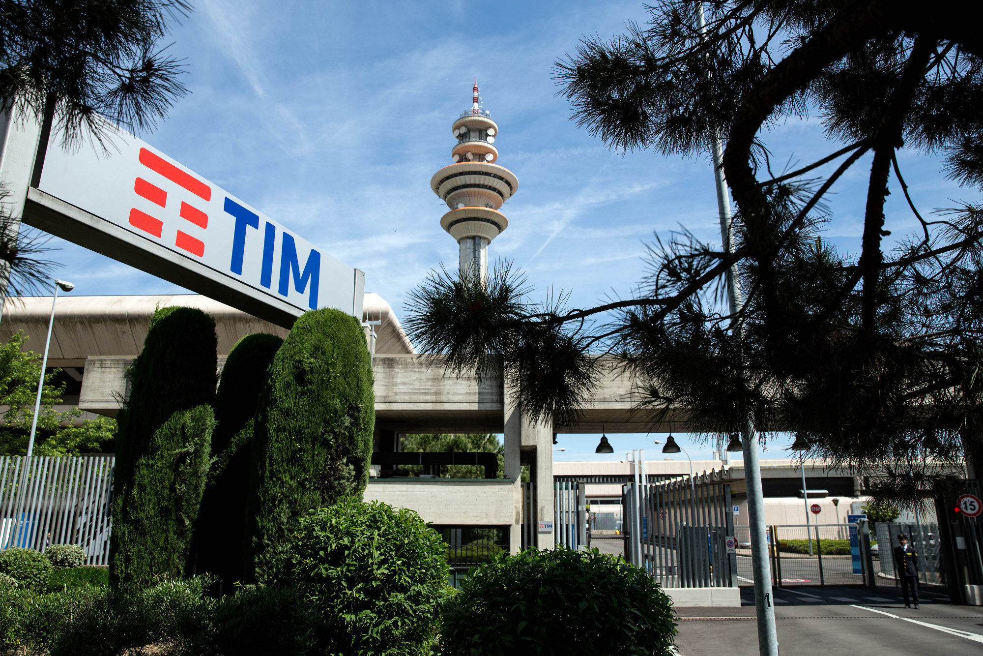 A television communications tower stands inside the headquarters of Telecom Italia SpA in Rozzano, near Milan, Italy.