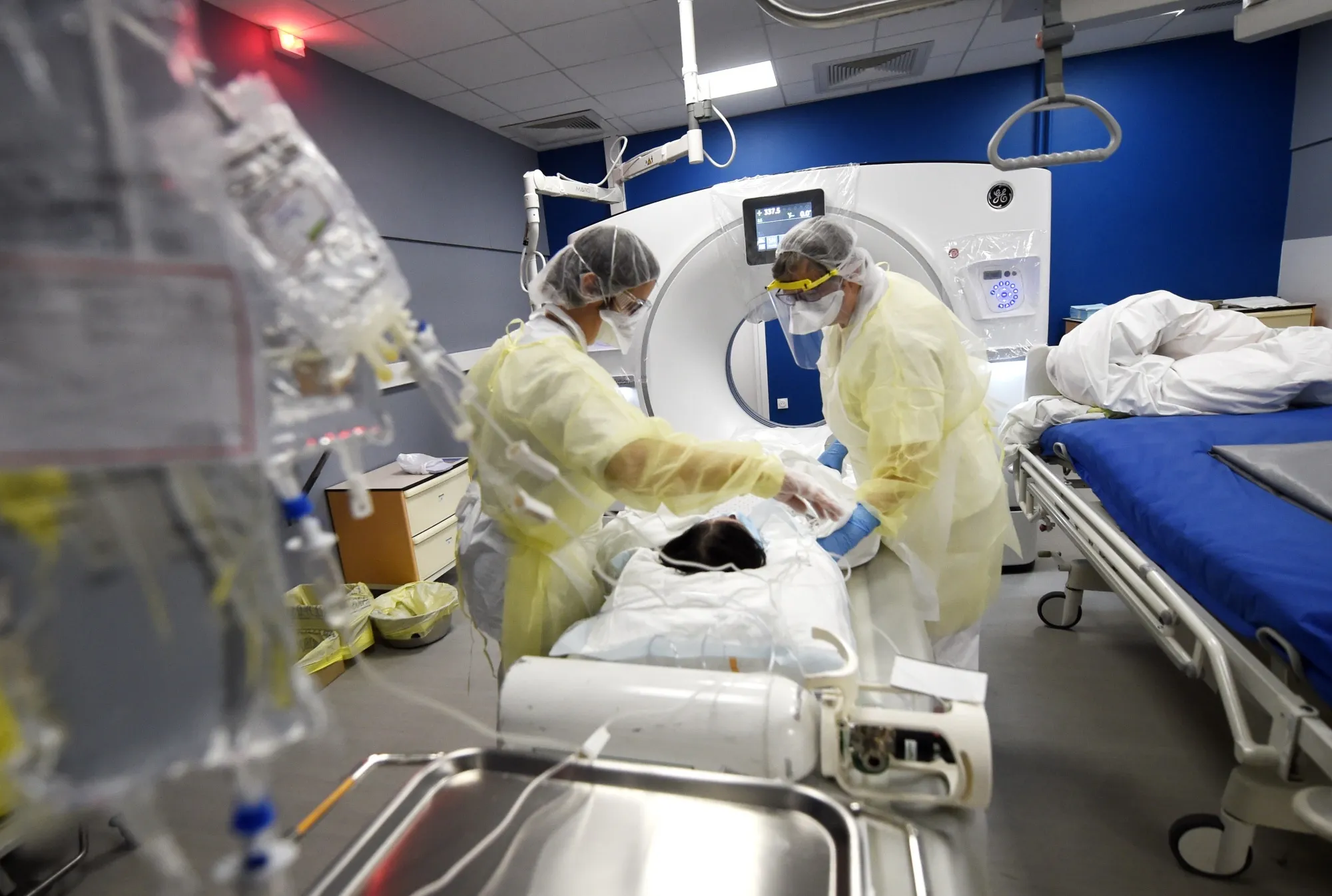 Radiologists treat a patient suffering from Covid-19&nbsp;at Jean Bernard hospital in Valenciennes, France, on May 5.