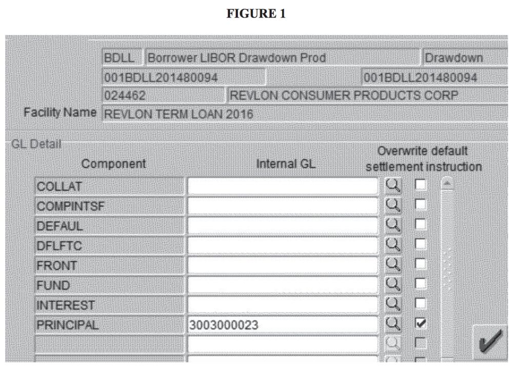 Figure 1. Gray background with metadata at the time followed by a scrollable table with 3 columns: Component, Internal GL, and Overwrite default settlement instruction. 8 rows follow with names like COLLAT and COMPINTSF. All rows are empty except for the last, PRINCIPAL, which is filled in with 3003000023 and a checked 3rd column.