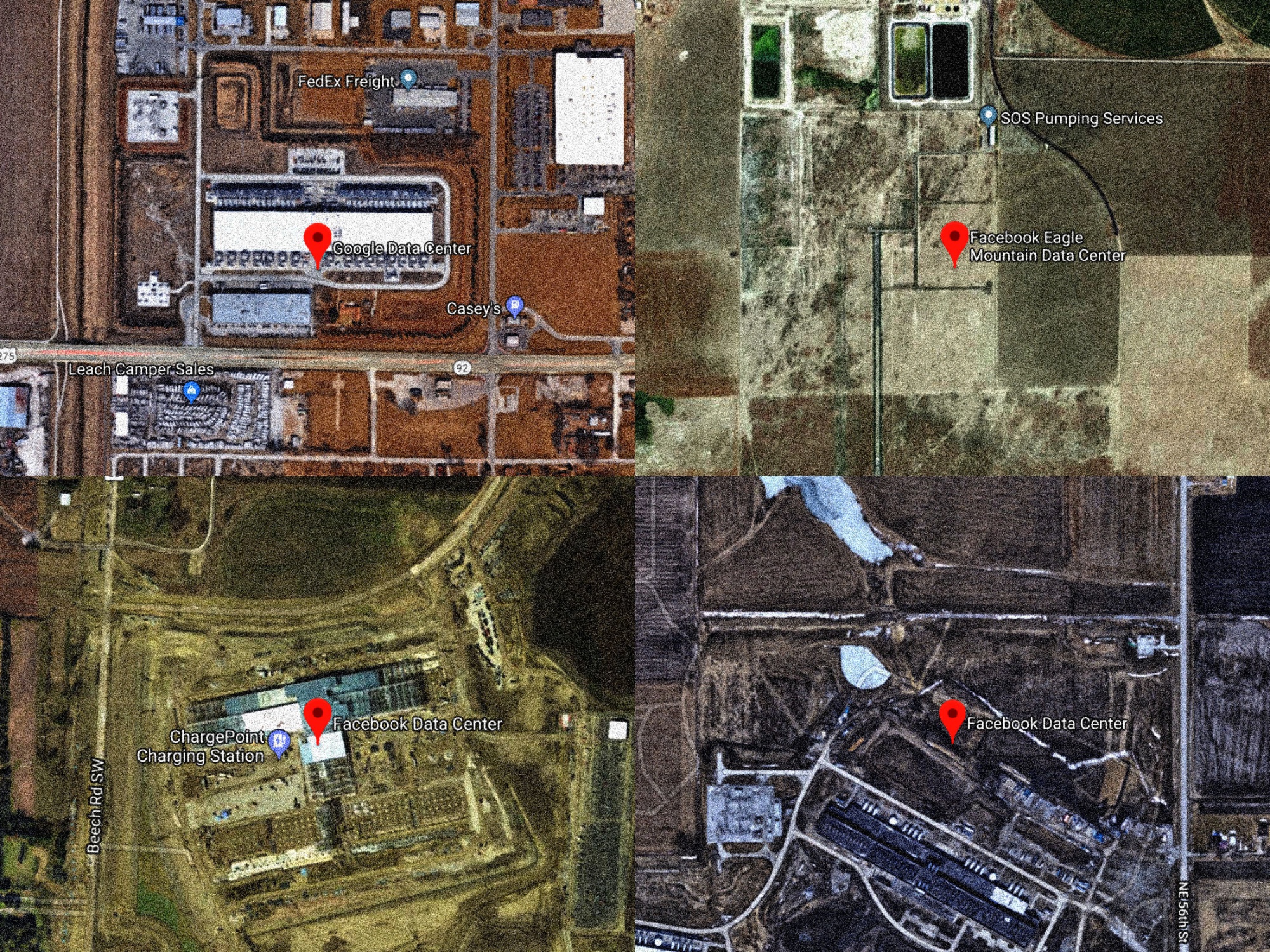 (Clockwise, from top left) Satellite images showing data centers in Council Bluffs, Iowa; Eagle Mountain, Utah; Altoona, Iowa; and New Albany, Ohio.