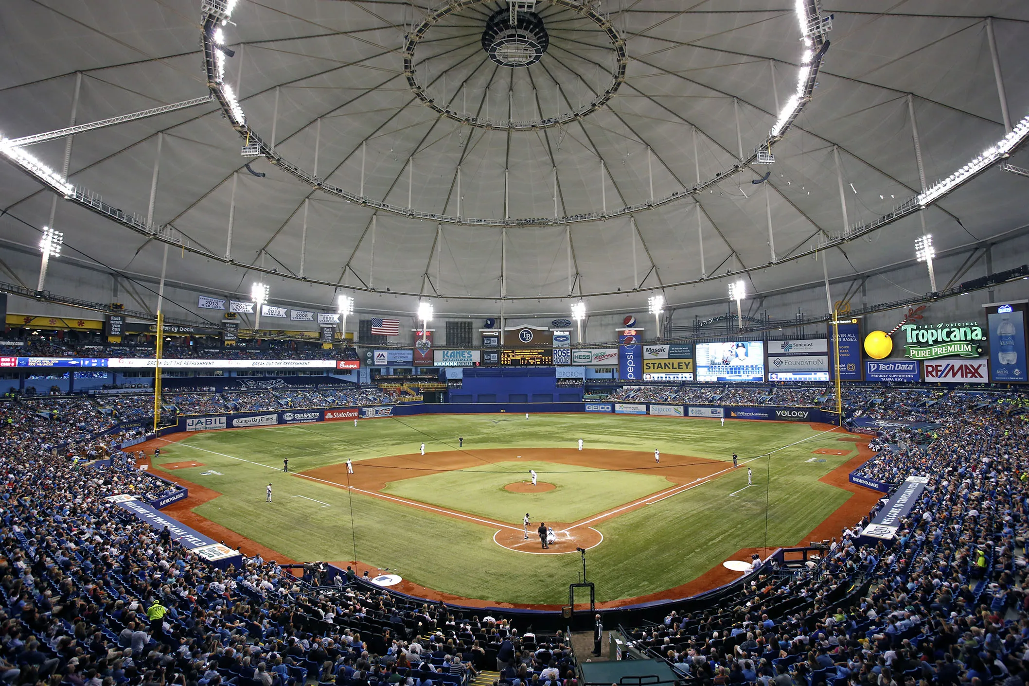 Baseball fans watch the Tampa Bay Rays face the New York Yankees at Tropicana Field in St. Petersburg, Florida.