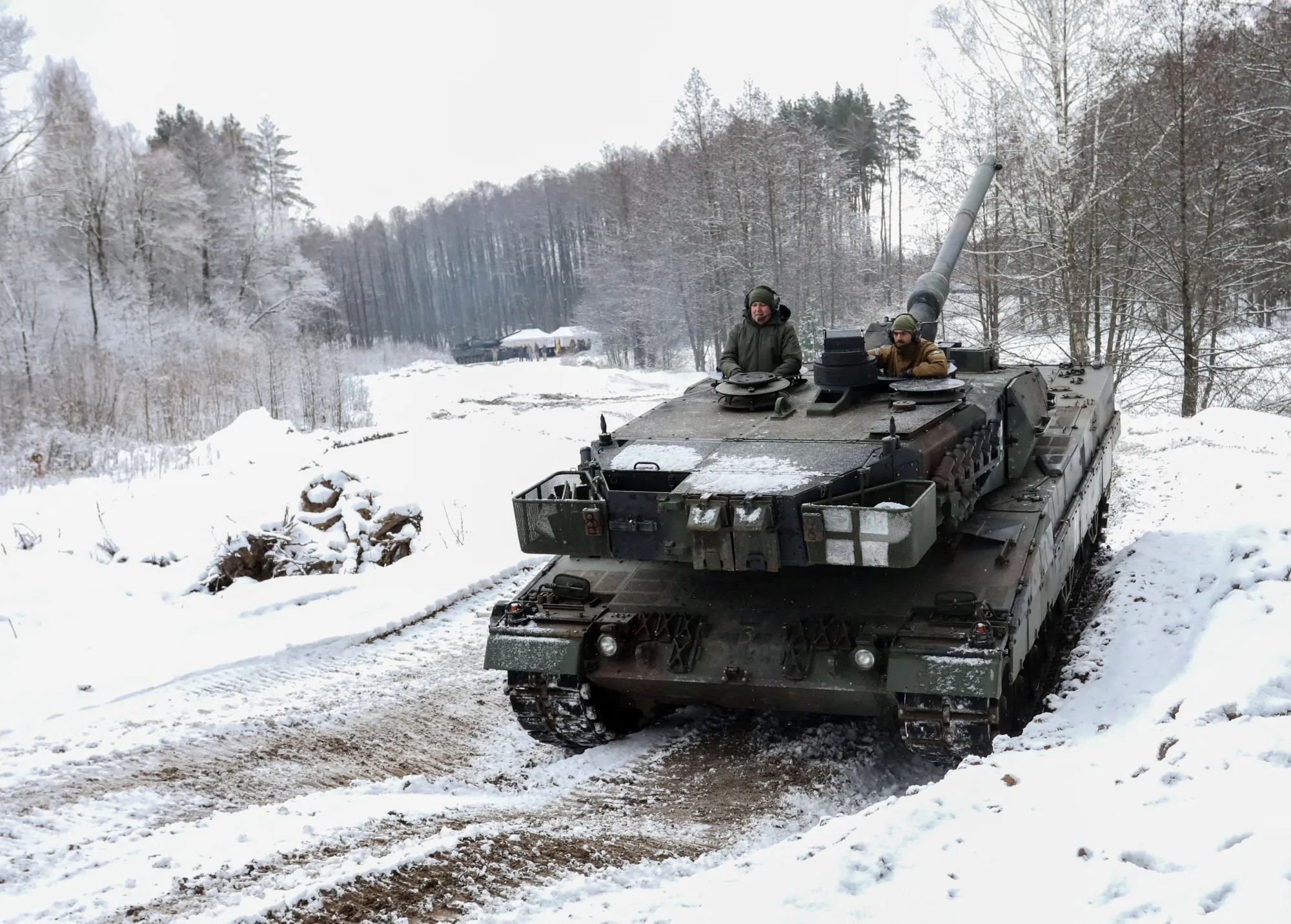 A Leopard 2 A5 main battle tank during testing at the Gaiziunai military training area, Lithuania.