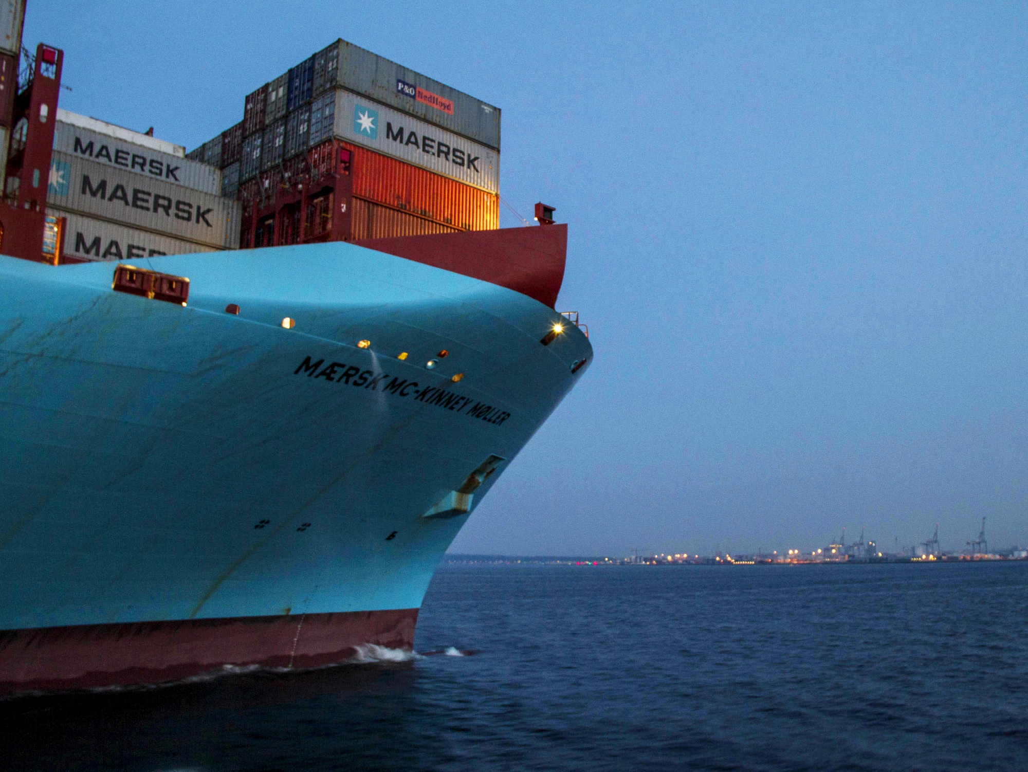 Shipping containers stand aboard the Maersk Mc-Kinney Moller Triple-E Class container ship,&nbsp;as it arrives at the port of Aarhus, Denmark.