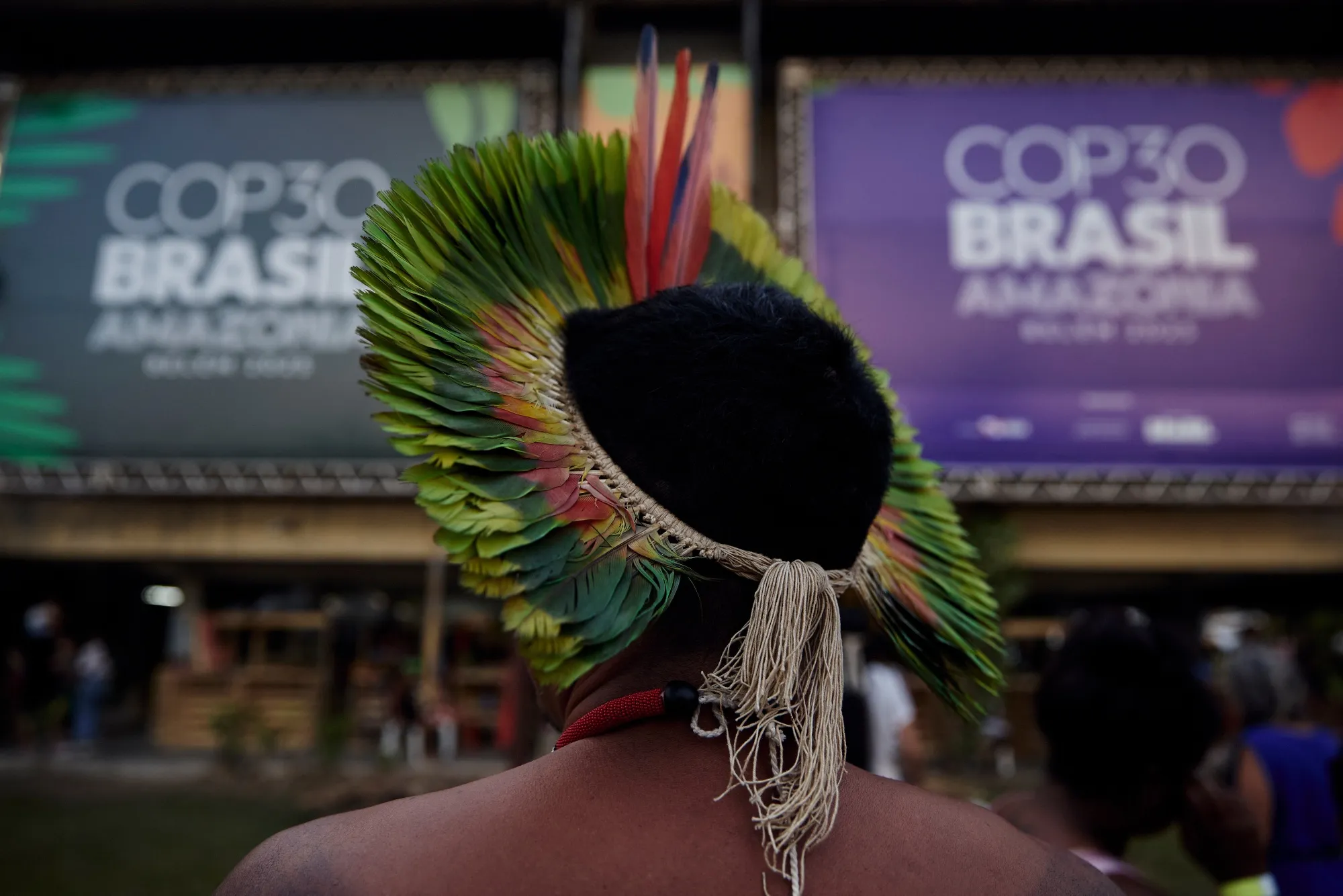 An Indigenous person outside&nbsp;the COP30 climate summit in Belem, Brazil, on Nov. 14.