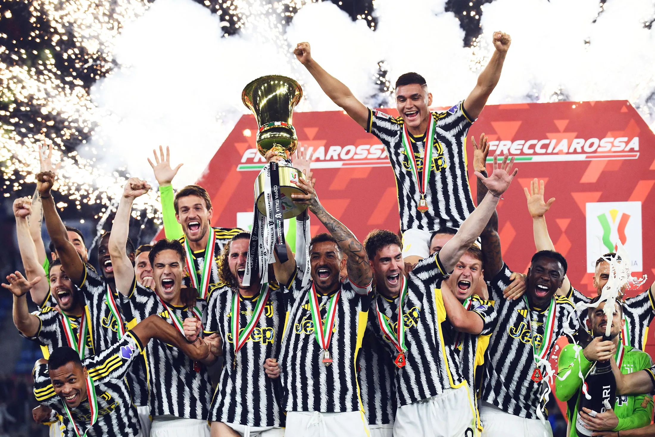 Juventus players celebrate winning the Coppa Italia, in May 2024.