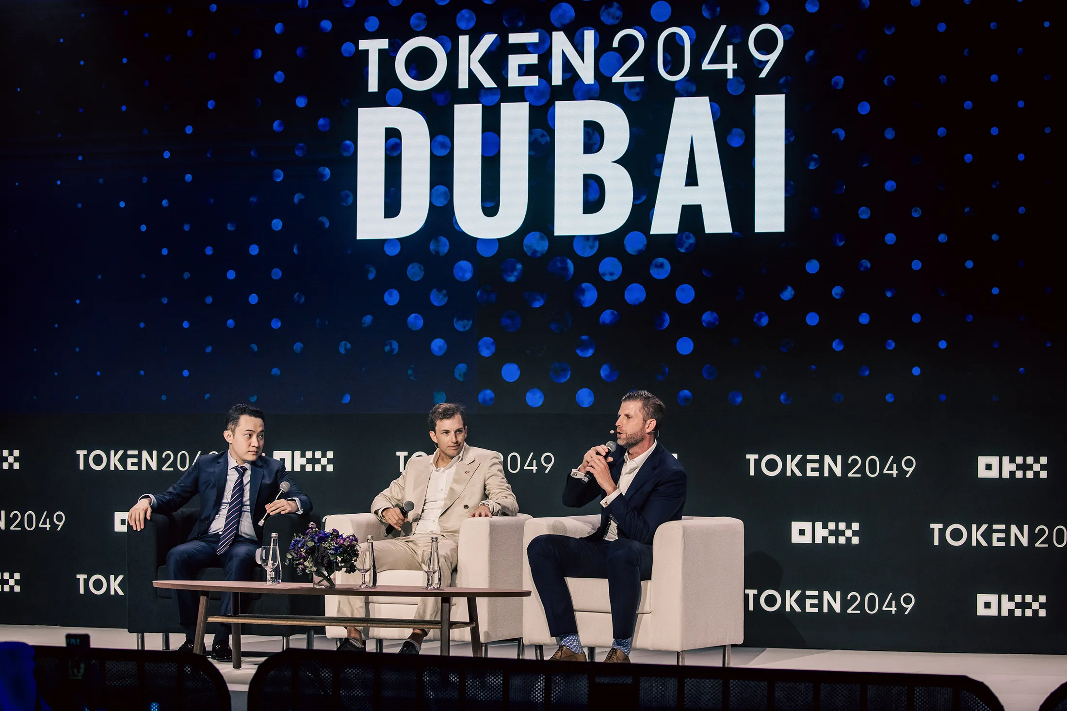 Eric Trump with Zach Witkoff and Justin Sun at Token2049 Dubai