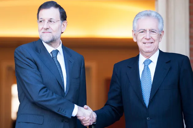Spanish Prime Minister Mariano Rajoy and Italian Prime Minister Mario Monti at a bilateral meeting at Moncloa Palace in Madrid