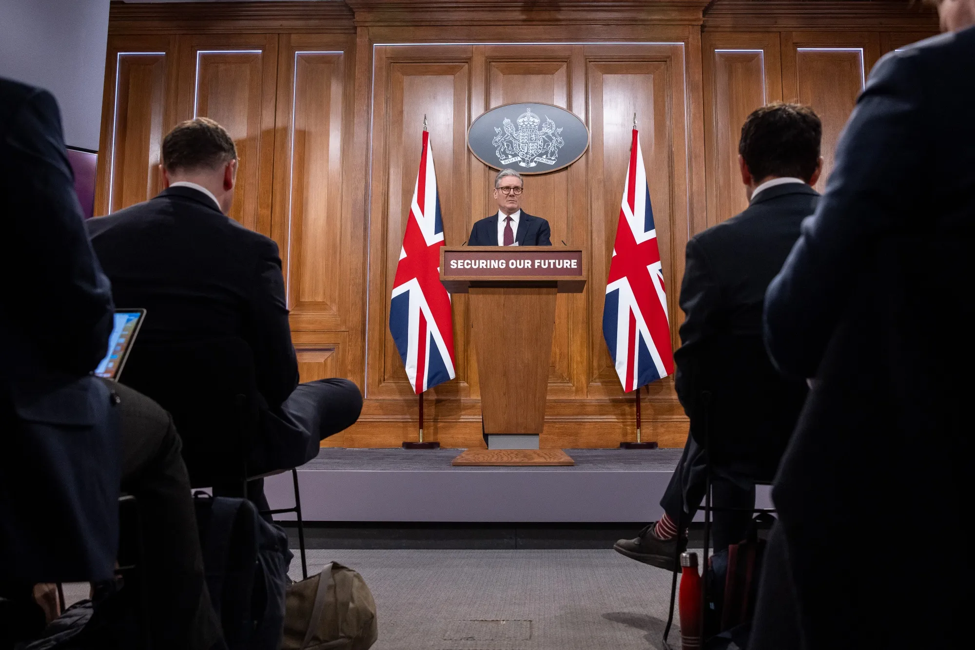 Keir Starmer during a news conference following a virtual meeting with international leaders.