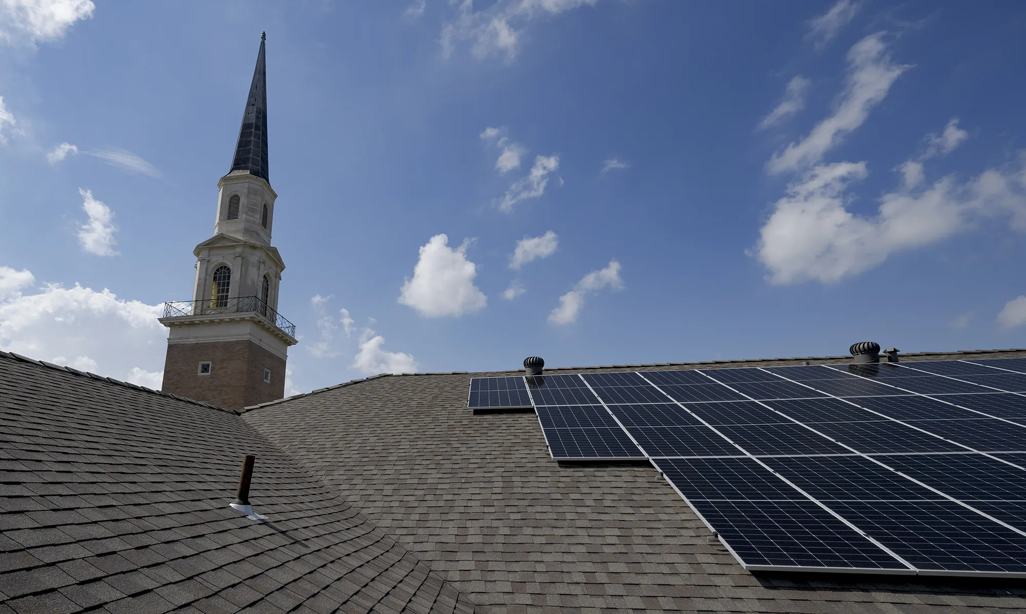Solar panels line the roof of First Grace United Methodist Church in New Orleans. It’s one of 18 “Community Lighthouses” across the city.&nbsp;