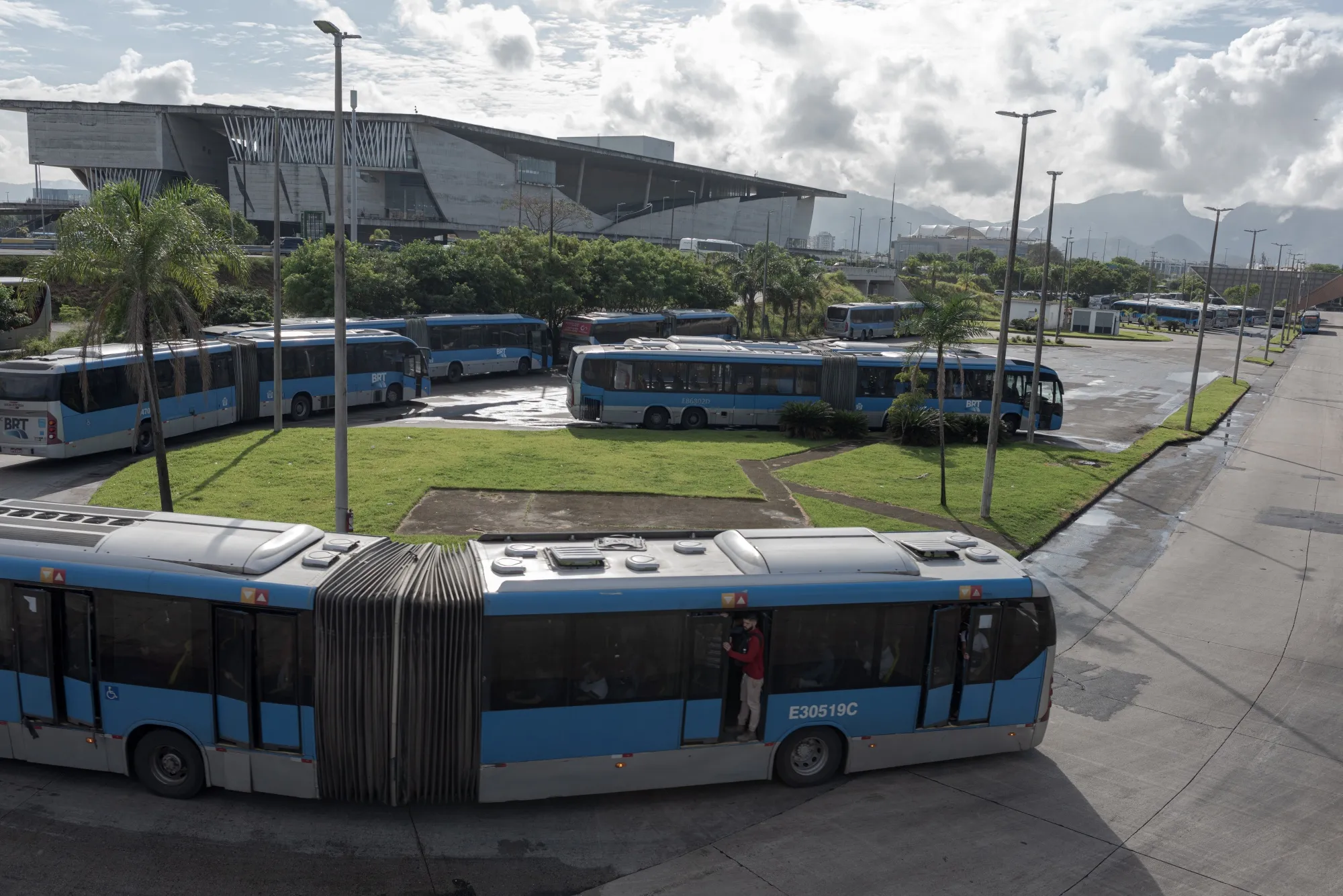 Buses at the Bus Rapid Transport Alvorada Terminal in Rio de Janeiro.