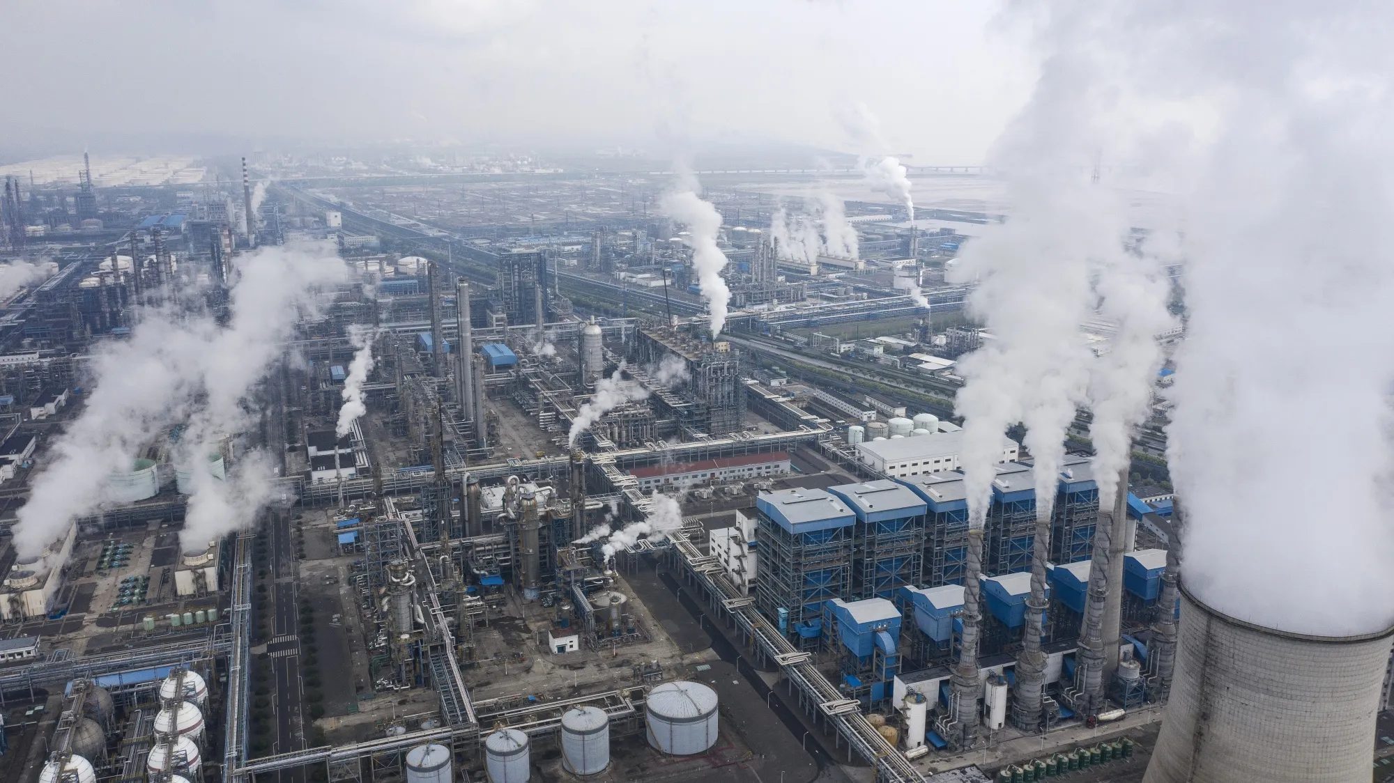 Smoke stacks on the outskirts of Ningbo, Zhejiang Province, China.