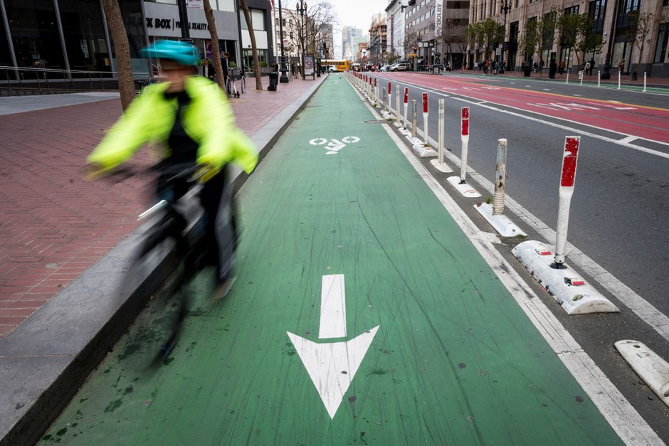 A protected bike lane along San Francisco's Market Street, which went car-free in January. Efforts to extend the city's protected cycling infrastructure have met some unexpected resistance.