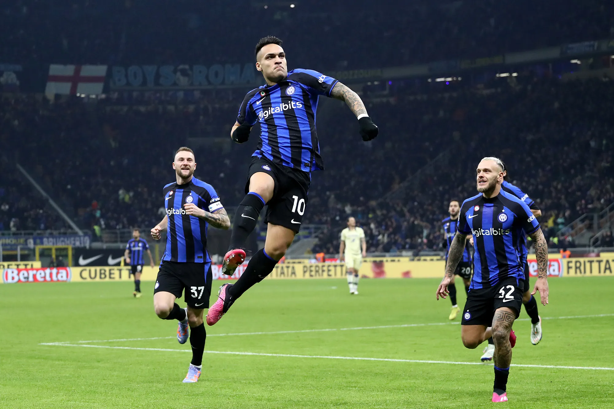Lautaro Martinez of Inter Milan&nbsp;celebrates after scoring at San Siro stadium.