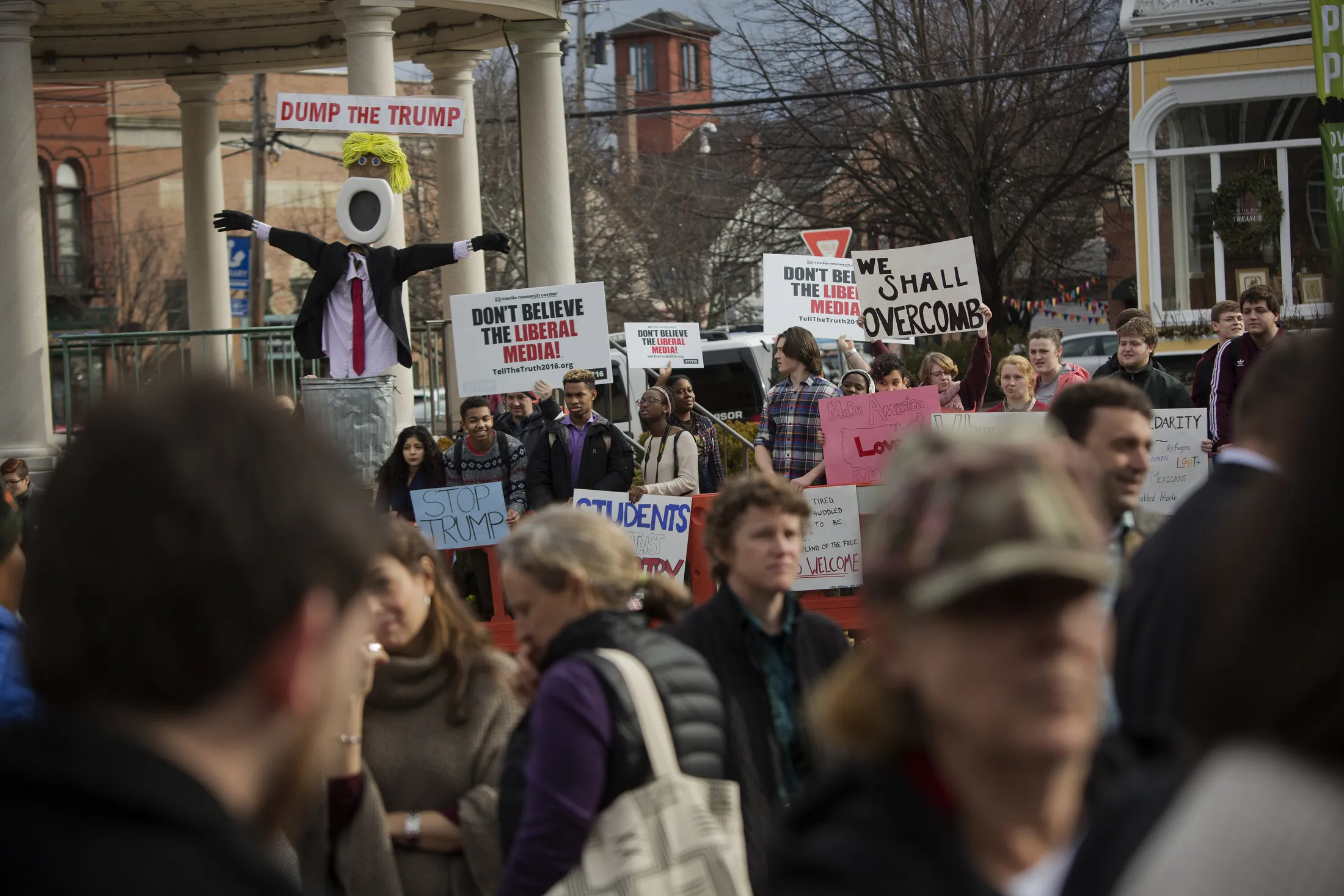 Protesters and counter-protesters gather outside a campaign event with Donald Trump in Exeter, New Hampshire, on Feb. 4, 2016.
