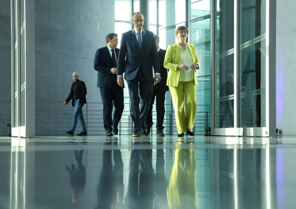 Friedrich Merz, Lars Klingbeil and Saskia Esken, following talks in Berlin, on March 8.