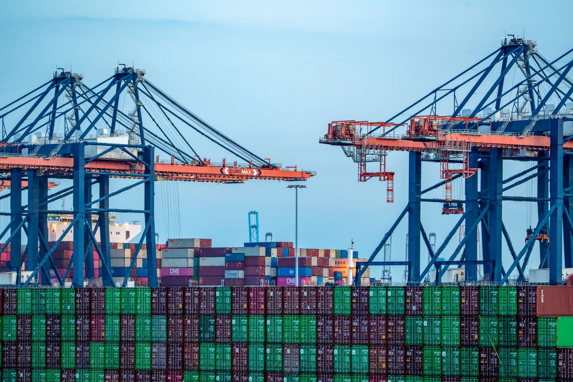 Shipping containers on the dockside at the&nbsp;Port of Rotterdam, in Rotterdam, Netherlands.