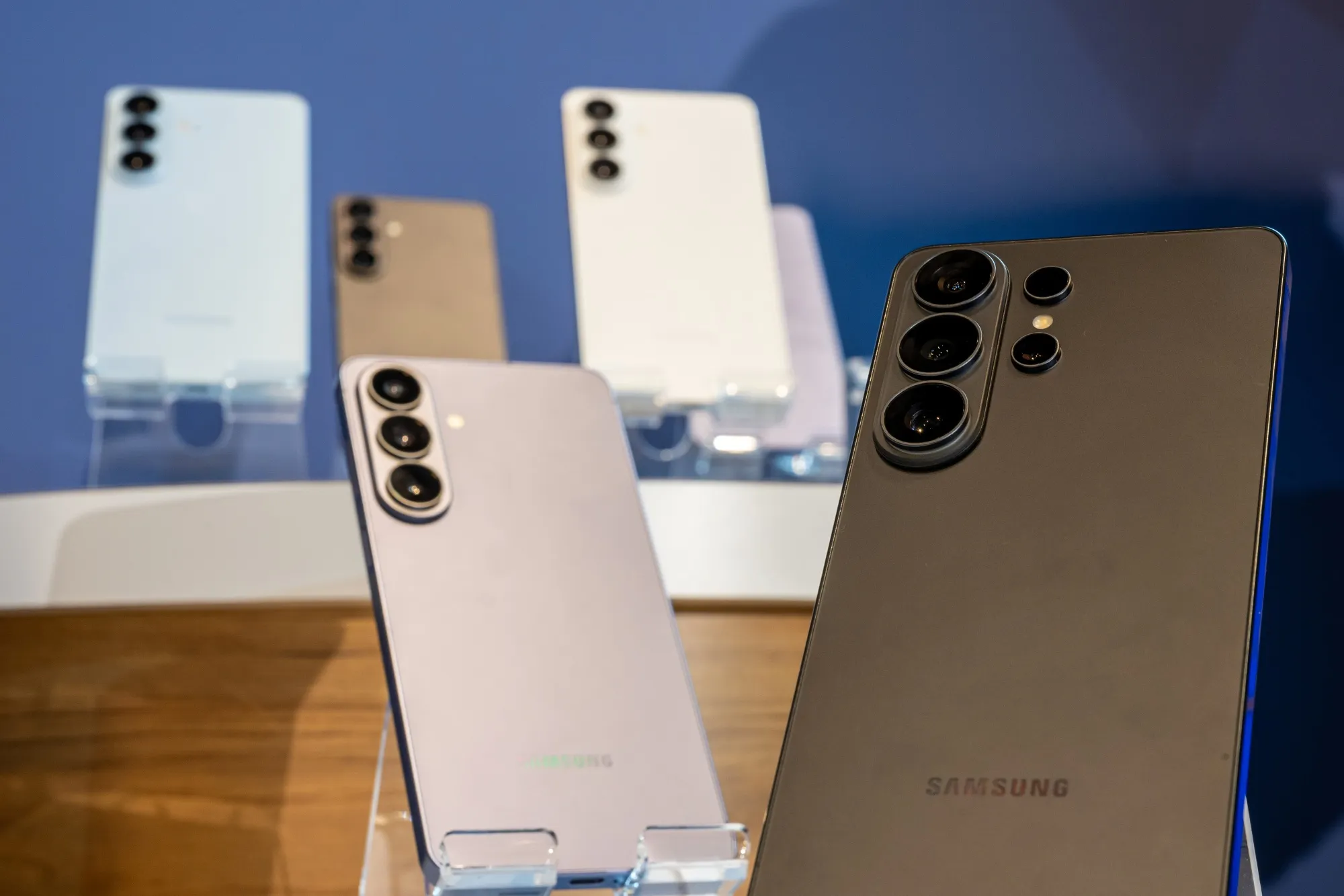 Samsung's Galaxy S26 smartphone series on display at a media event in San Francisco on Feb. 23.