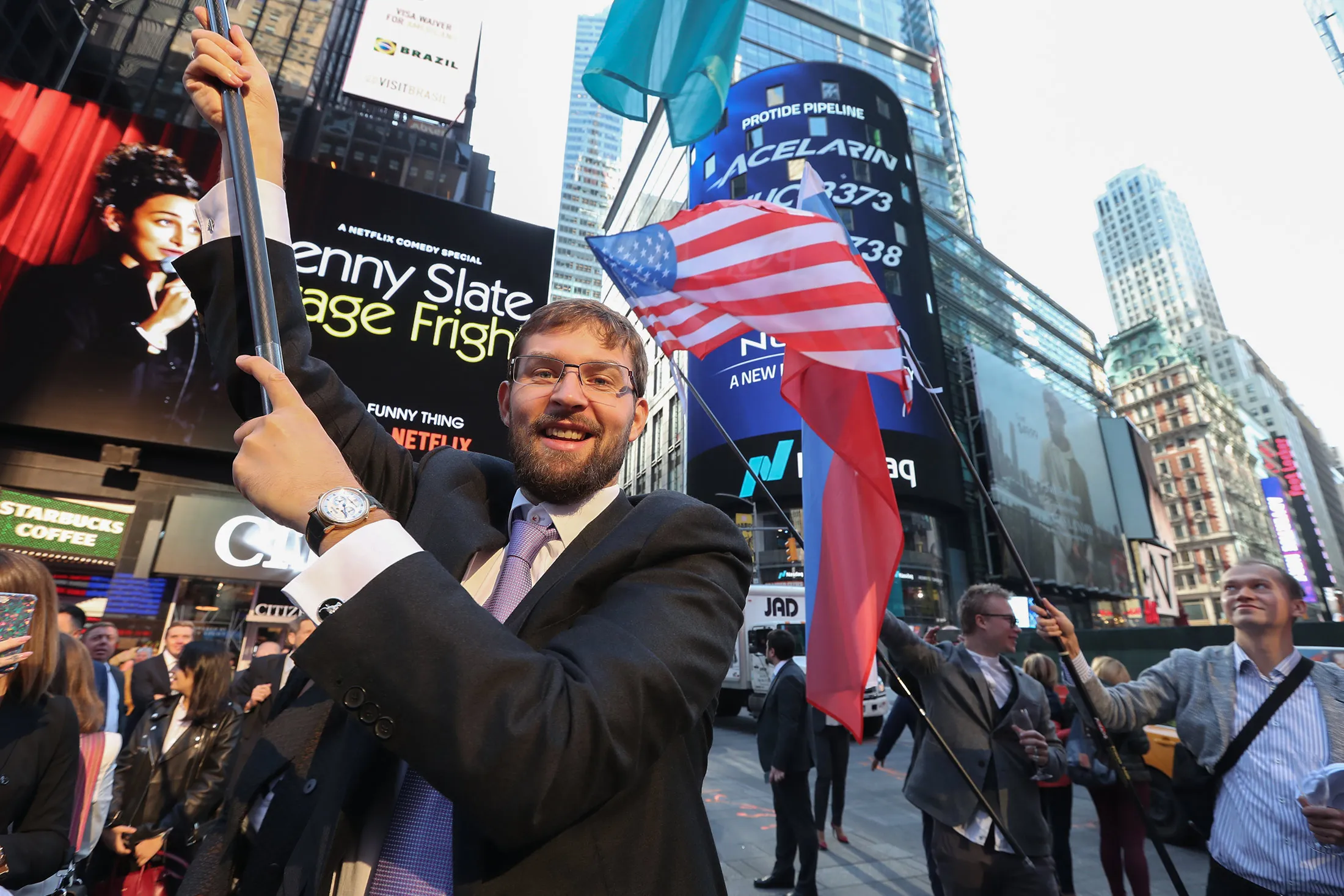 Timur Turlov as Freedom Holding begins trading on the Nasdaq in New York in 2019.