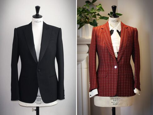 From left: A ladies' bespoke dinner suit jacket created for client Birgit Neu; a ladies' red tweed jacket inspired by a design created for Lady Courtenay. Both were featured in the exhibition "Savile Row and America: A Sartorial Special Relationship" at the British Ambassador's residence in Washington, D.C. in May.