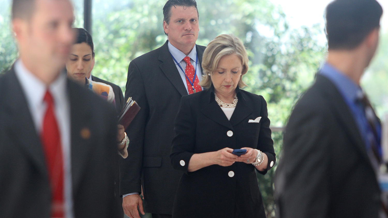 Secretary of State Hillary Clinton looks at her mobile phone after attending a Russia-U.S. meeting on the sidelines of the 43rd annual Association of South East Asian Nations (ASEAN) meeting in Hanoi on July 23, 2010.
