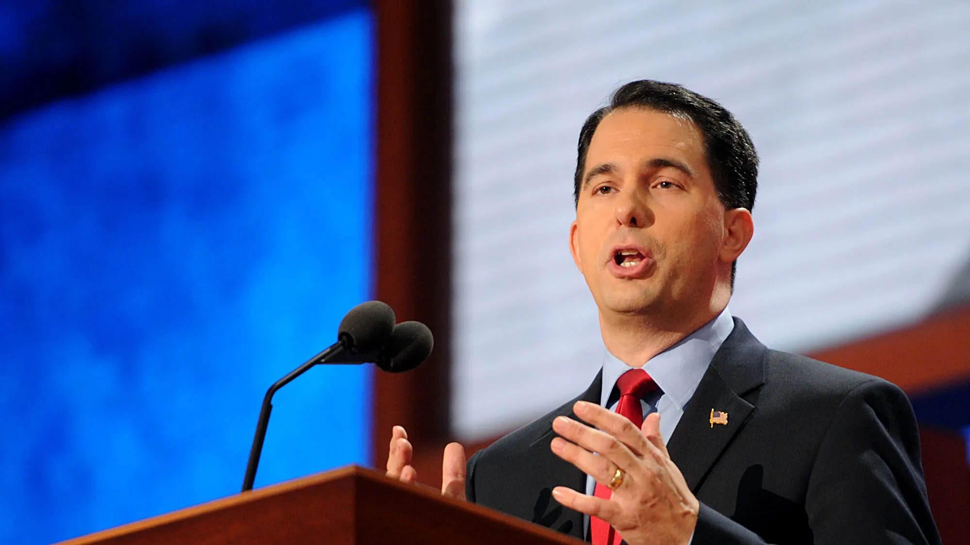 Scott Walker, governor of Wisconsin, speaks at the Republican National Convention (RNC) in Tampa, Florida, U.S., on Tuesday, Aug. 28, 2012
