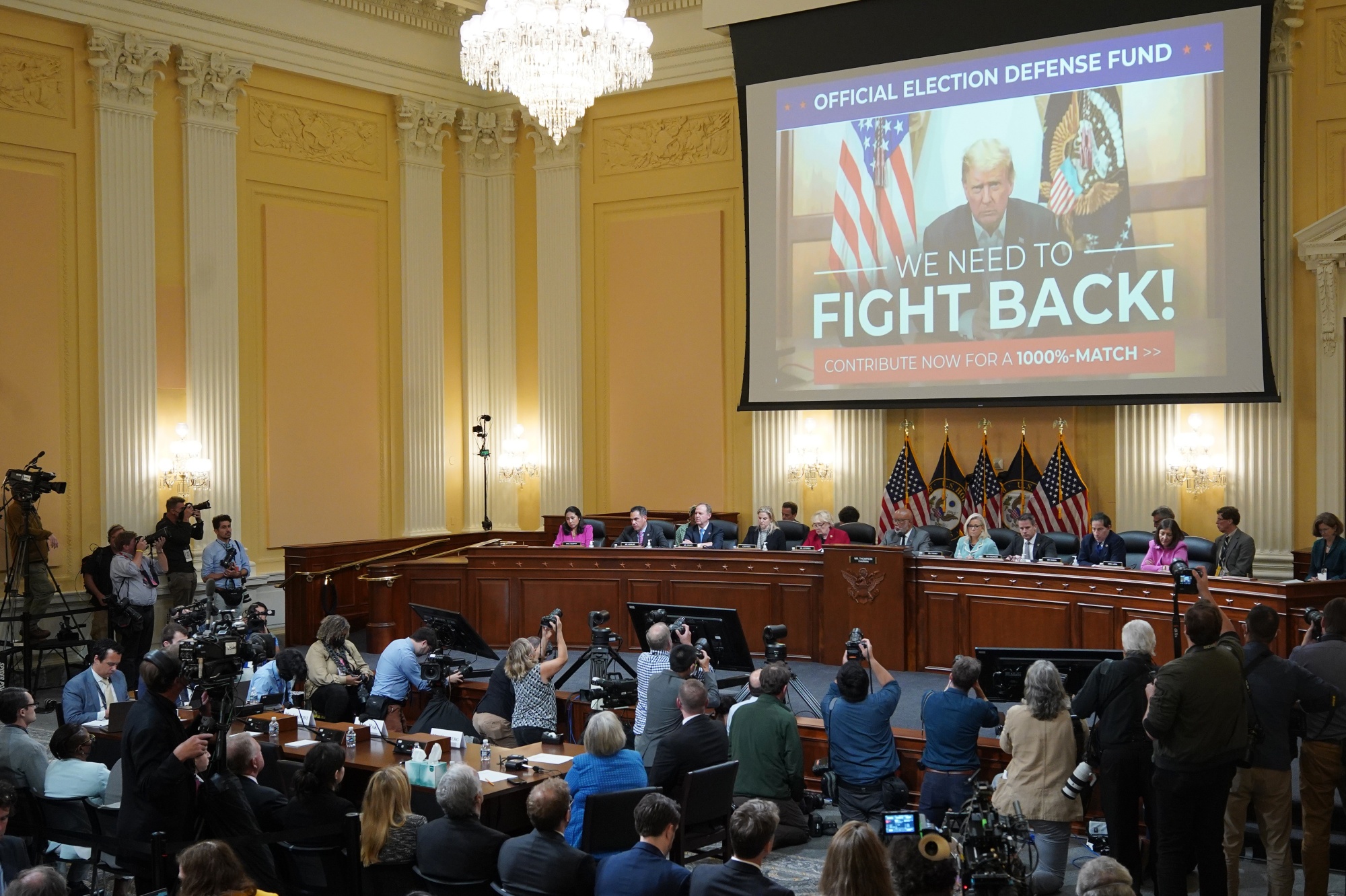 A fundraiser image for former President Donald Trump&nbsp;displayed&nbsp;during a hearing of the Select Committee to Investigate the January 6th Attack on the US Capitol in Washington, on June 13.