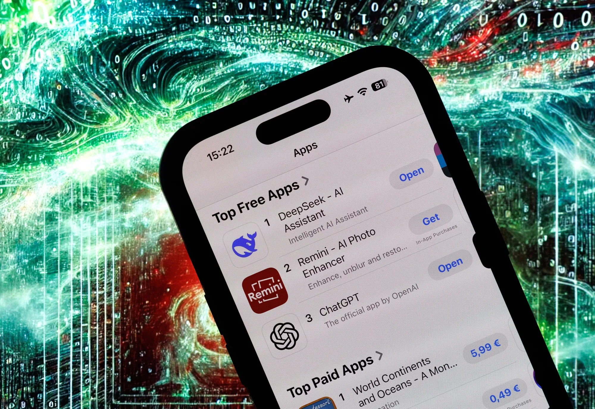The DeepSeek and ChatGPT artificial intelligence free apps on a mobile phone.