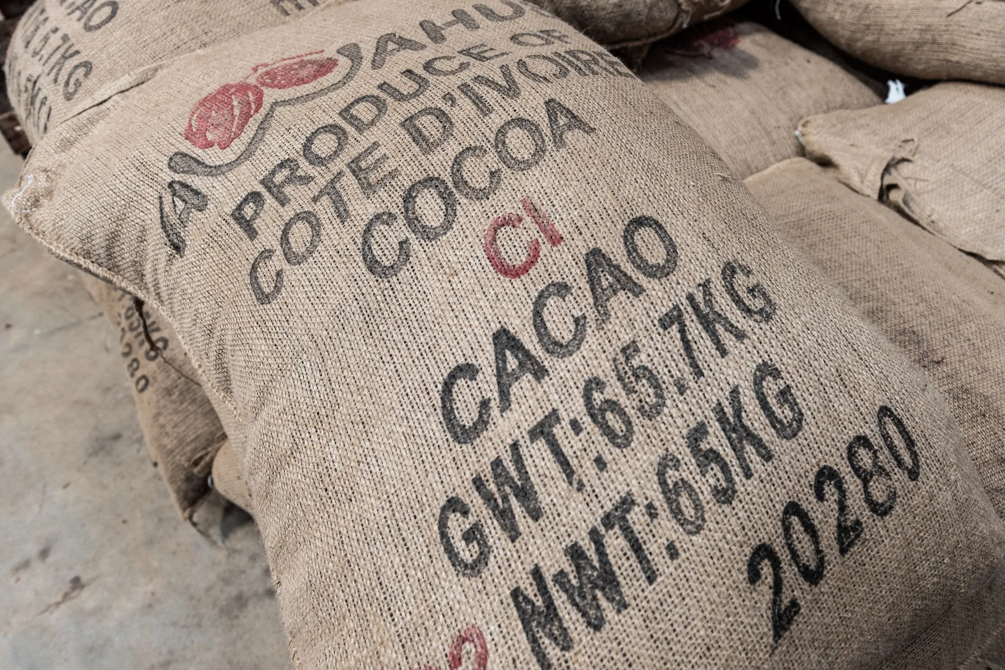A sack of processed cocoa beans at a processing plant in Abidjan, Ivory Coast.