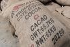A sack of processed cocoa beans at a processing plant in Abidjan, Ivory Coast.