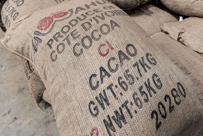 A sack of processed cocoa beans at a processing plant in Abidjan, Ivory Coast.
