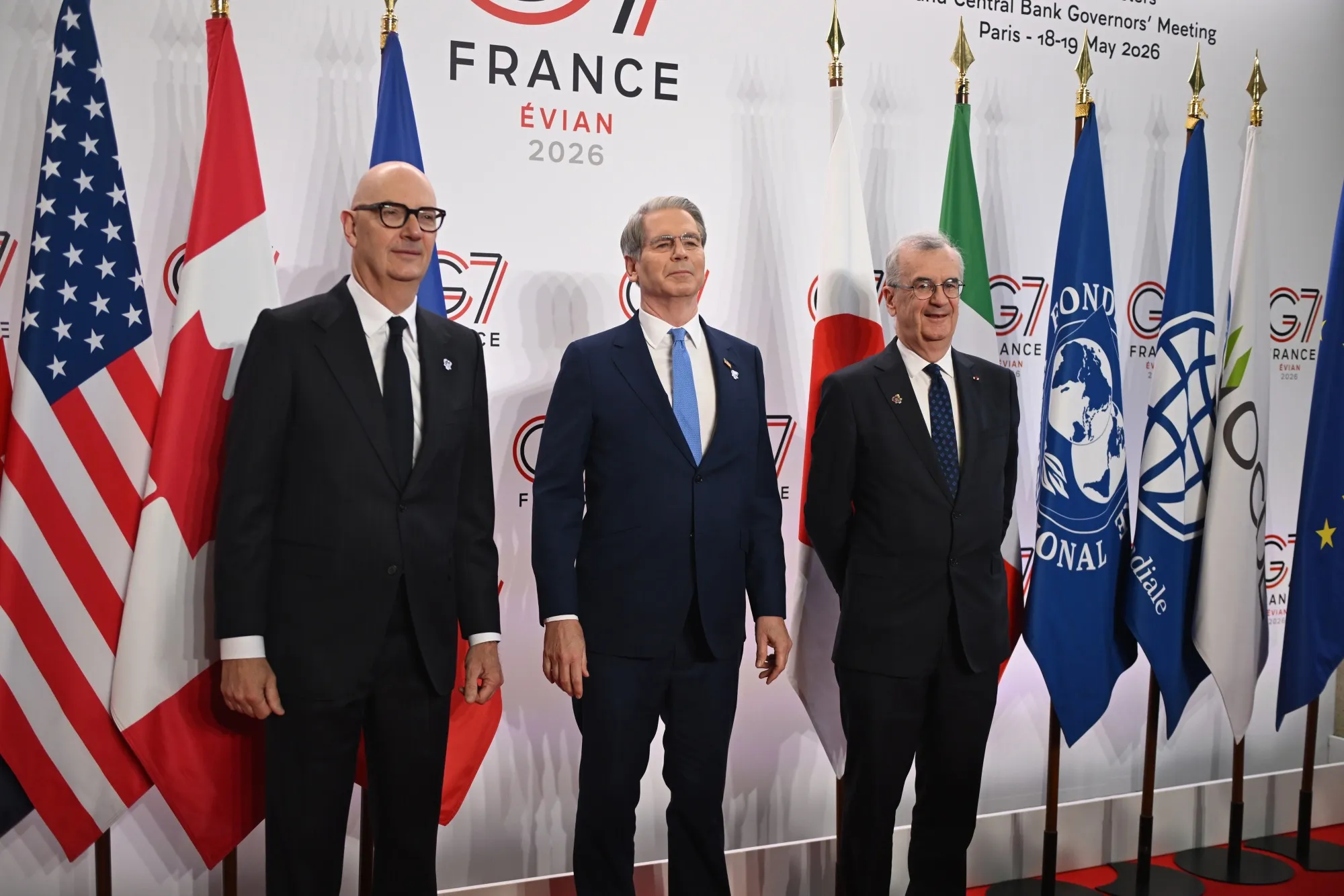 Scott Bessent, center, with France’s Finance Minister Roland Lescure, left, and France’s Central Bank Governor Villeroy de Galhau, at the G-7 meeting in Paris, on May 18.