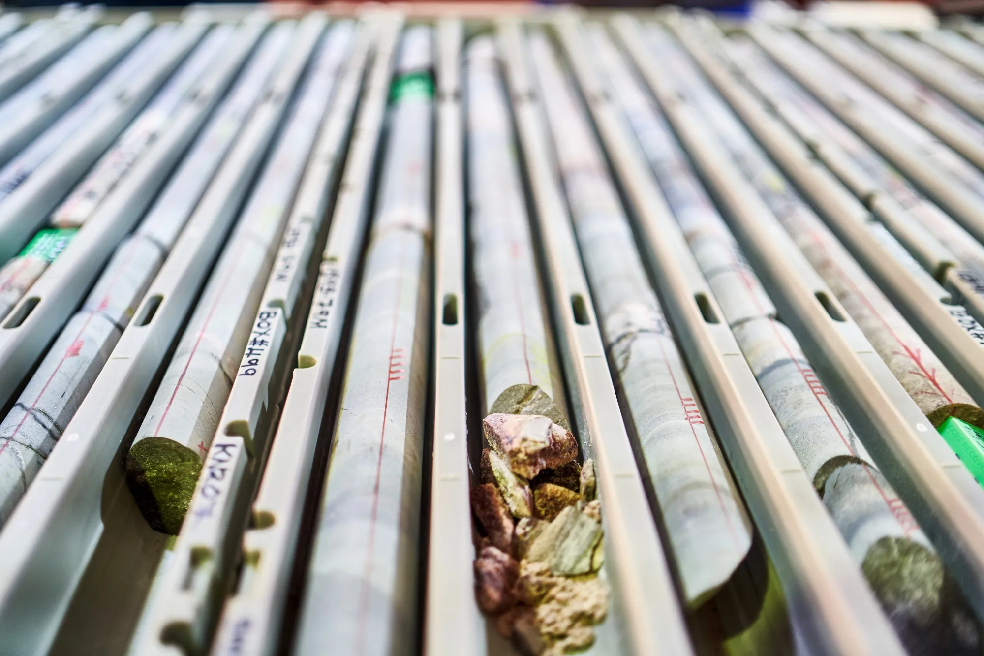 Core rock samples inside a KoBold Metals Co. workshop.