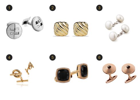 (1) Square cut diamond cufflinks in 18K white gold with white diamonds, Tateossian, $9,850, tateossian.com; (2) Cable cushion cuff links in gold, David Yurman, $4,500, davidyurman.com; (3) Pearl button cufflinks, Trianon, $2,050, Bergdorfgoodman.com; (4) La Havre, Hermès, $4,825, hermes.com; (5) Black spinel rose gold cufflinks, Jacob & Co., 14,000, jacobandco.com; (6) Pyramid Décor Cufflinks, Cartier, $3,750, cartier.com