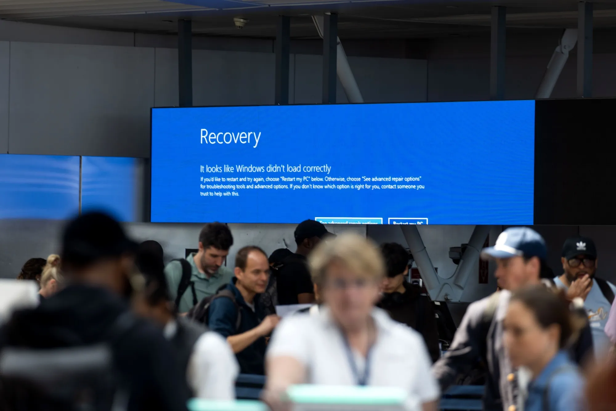 The Microsoft Windows Recovery screen displayed at JFK&nbsp;airport in New York,&nbsp;on July 19.&nbsp;