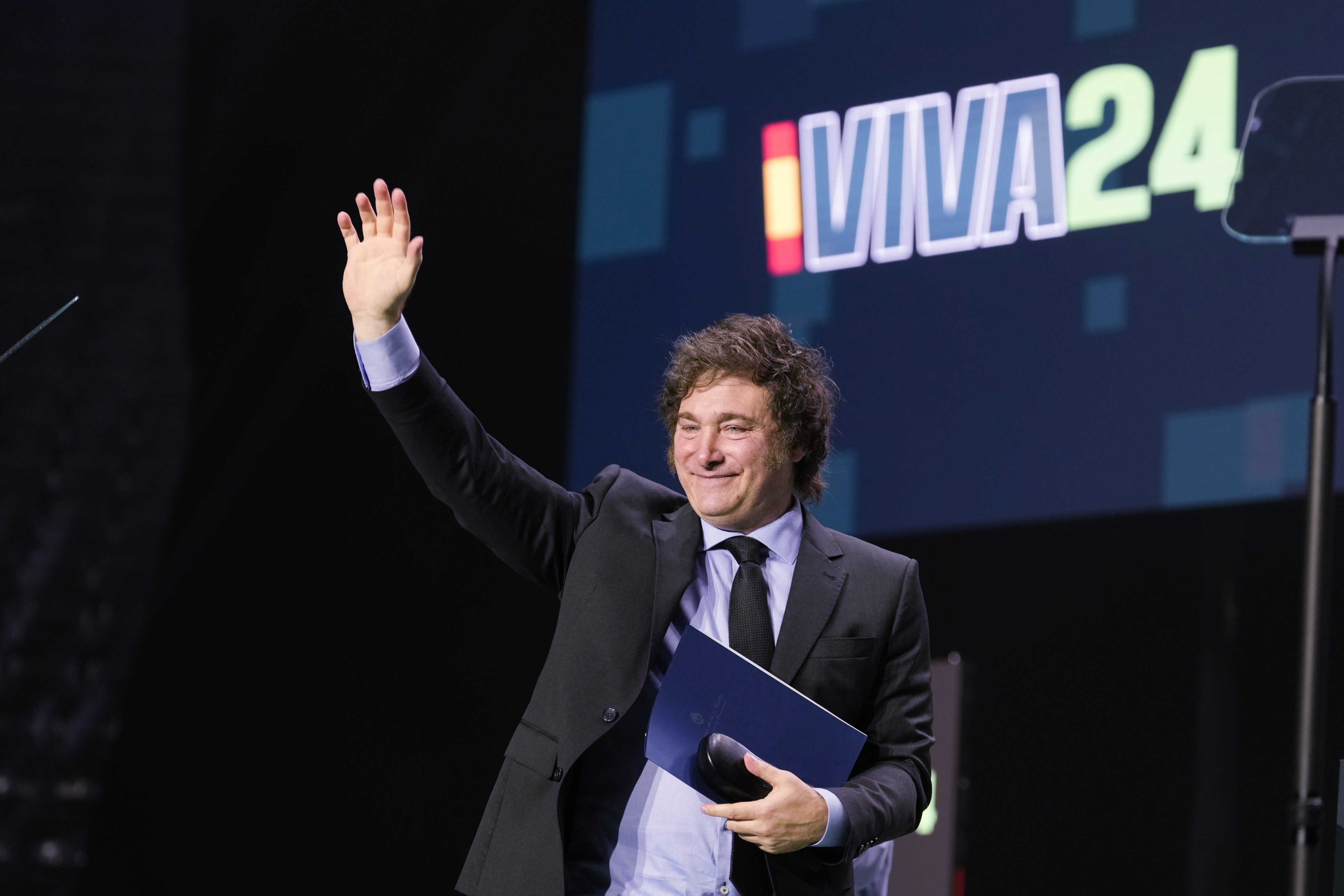 Javier Milei, Argentina’s president, at the Europa Viva 24 event, organized by the Vox party, ahead of the European elections in Madrid, Spain, on Sunday, May 19, 2024.