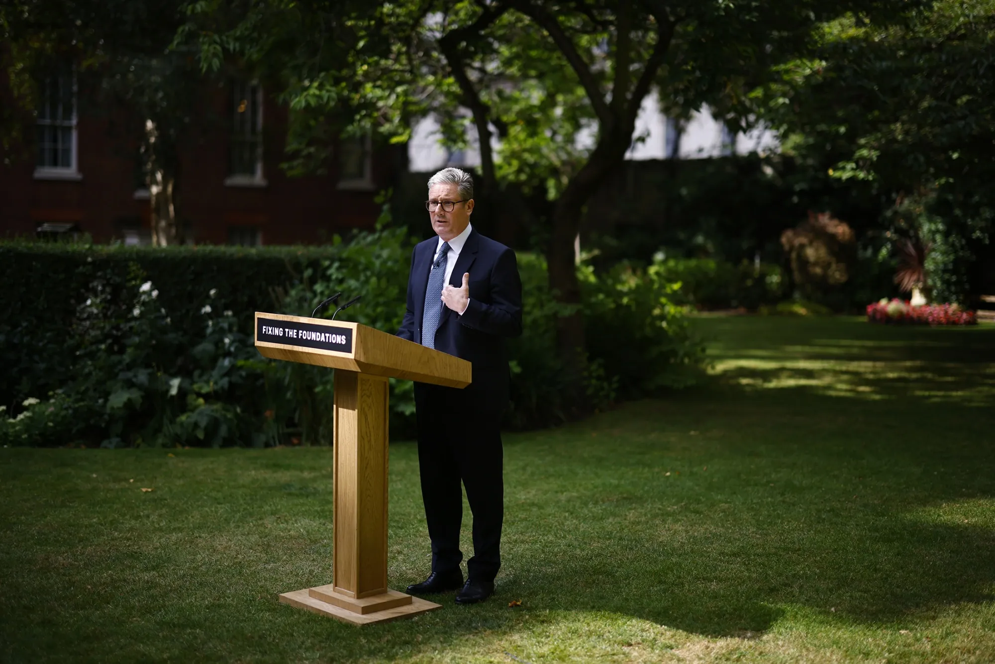 Keir Starmer delivers a speech in the Rose Garden at Downing Street in London, on Aug. 27.
