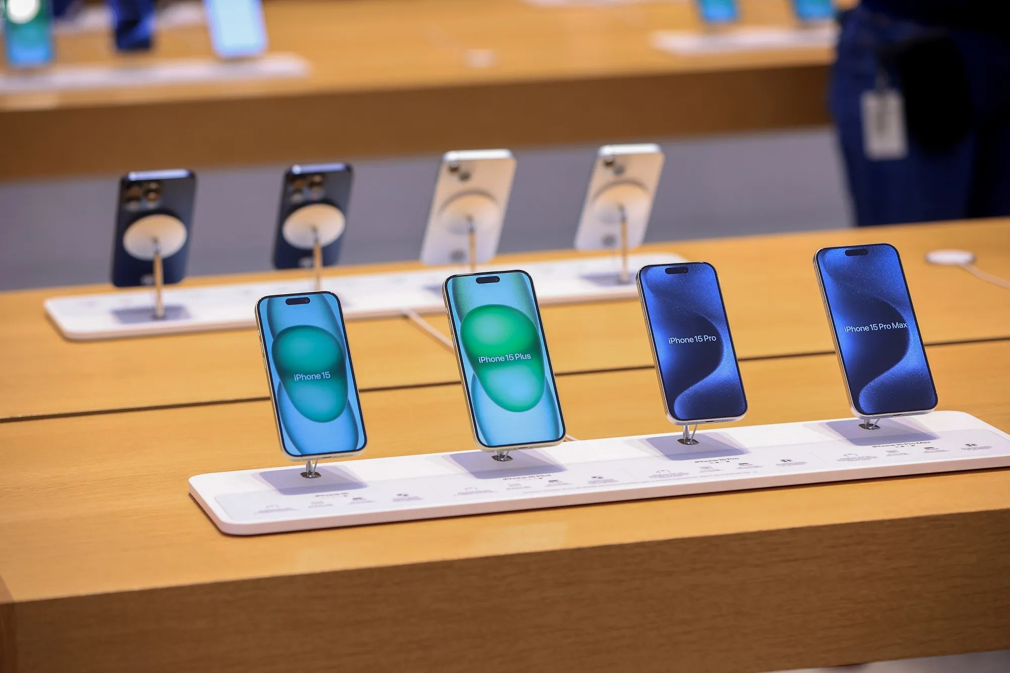 A display of the new range of iPhone 15 smartphones.