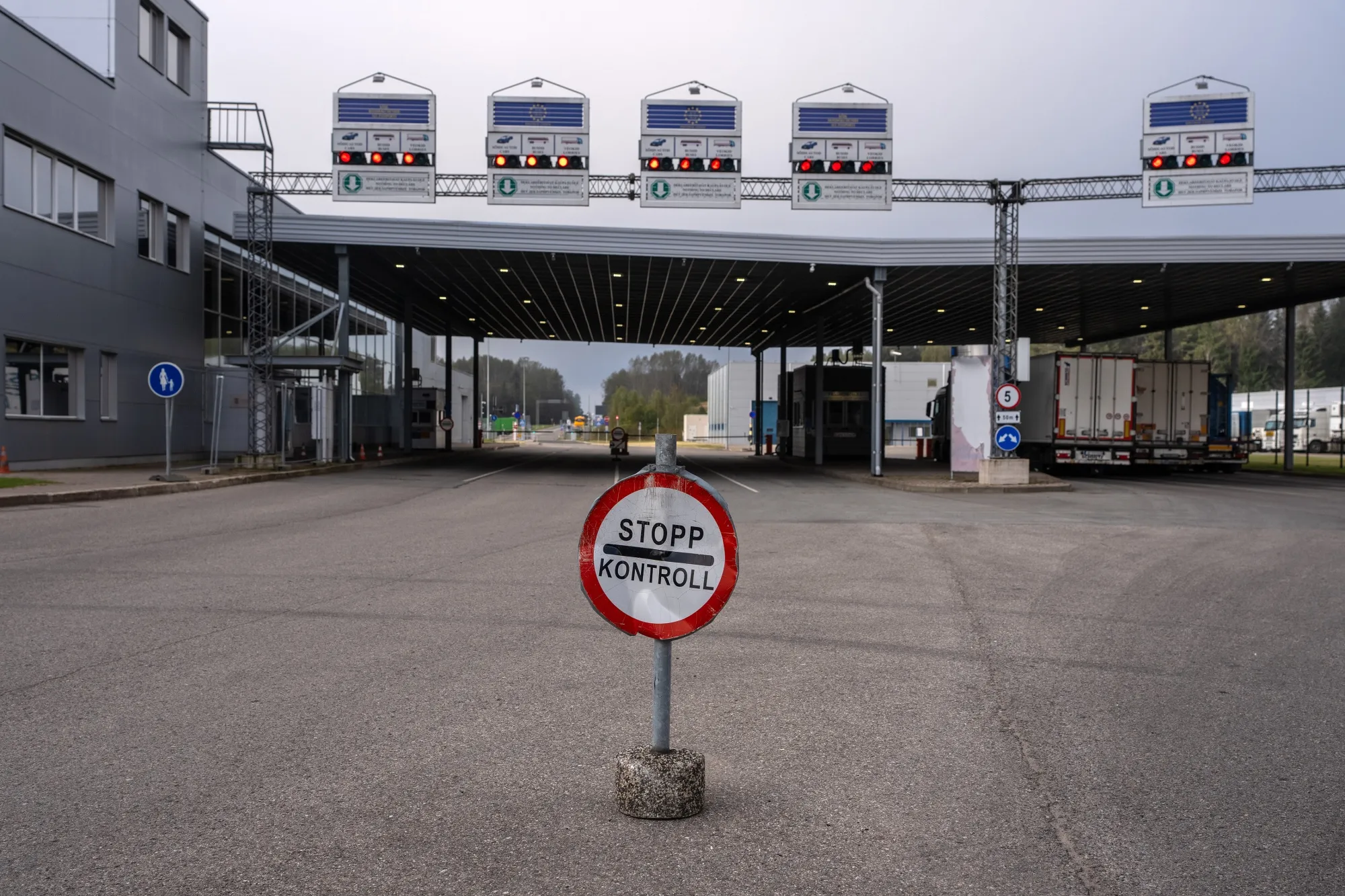A sign controls the flow of freight traffic entering from Russia at the border crossing in Luhamaa, Estonia.