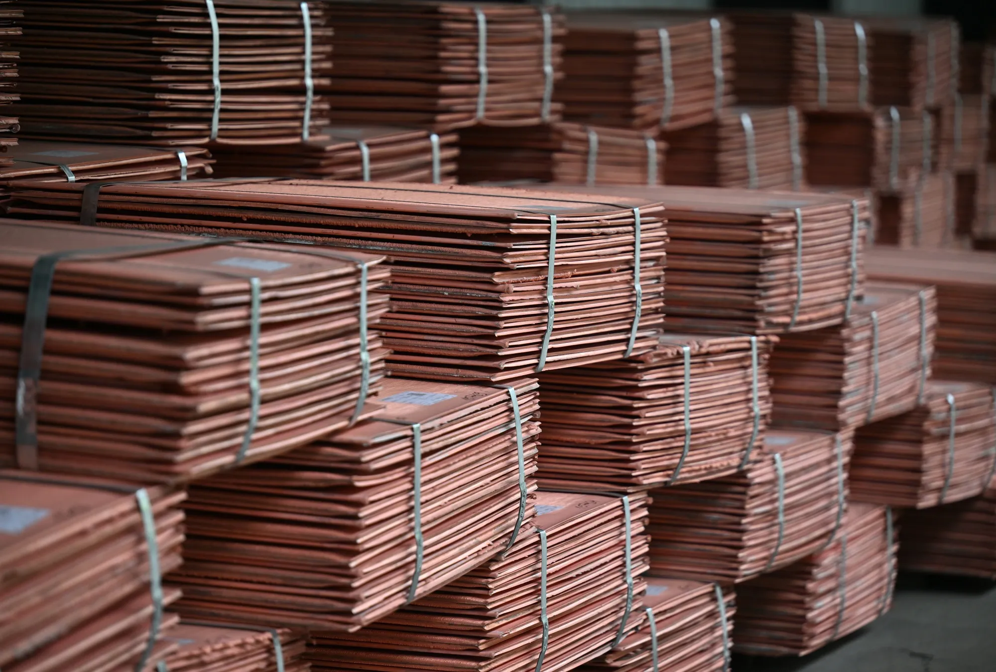 Copper cathode sheets at a smelting plant.