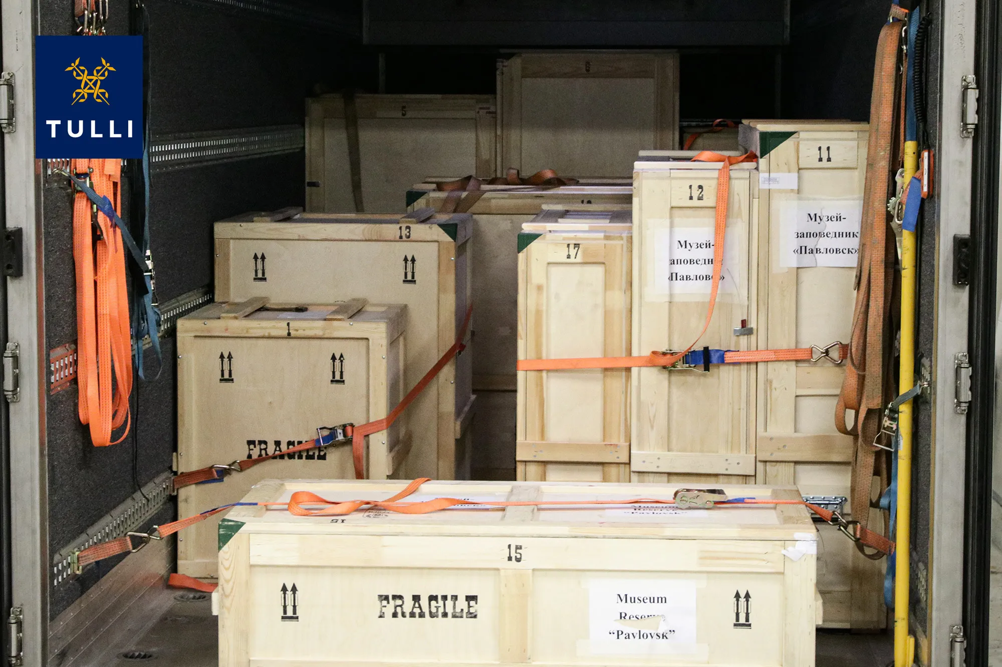Crates loaded with works of art seized by Finnish customs officers in Vaalimaa, Finland..