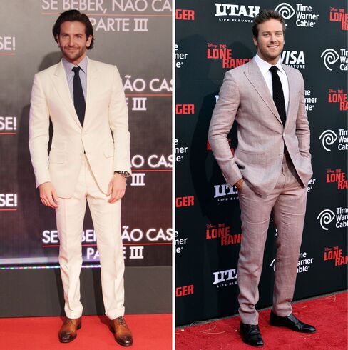 “Not many designers—or actors—can pull off a pink suit in a way that feels masculine,” says celebrity stylist Ilaria Urbinati of Ford and her client, actor Armie Hammer (right). “It was the perfect shade, so elegant.” Also seen: Bradley Cooper in Tom Ford at The Hangover III premiere in Rio.