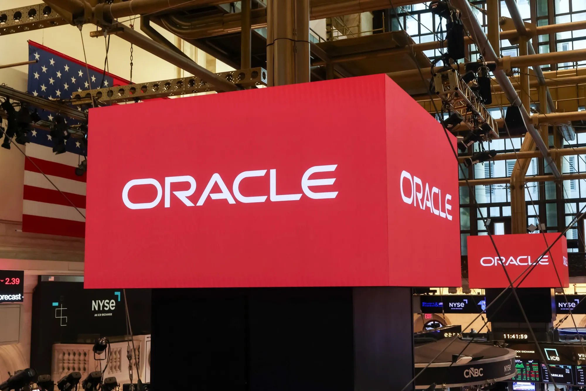 Oracle Corp. signage on the floor of the New York Stock Exchange in New York.