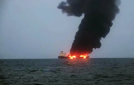 In this handout screengrab released by the Houthi group media center, fires can be seen onboard the Sounion&nbsp;in the Red Sea, on Aug. 23.