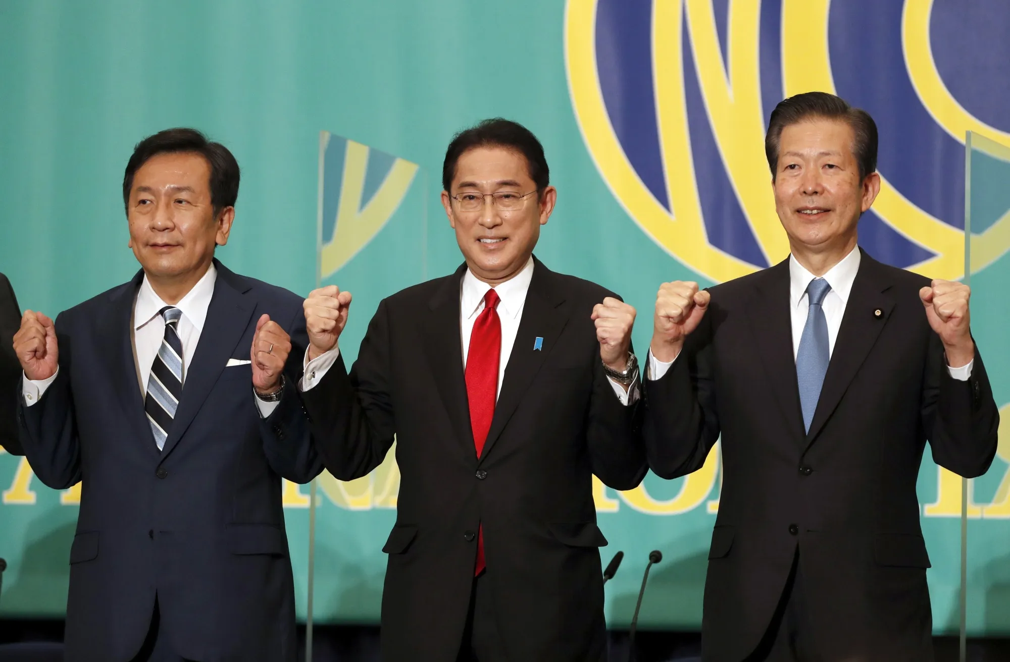 Yukio Edano, left, Fumio Kishida, and Natsuo Yamaguchi, during a debate ahead of a&nbsp;general election in Tokyo, on&nbsp;Oct. 18.