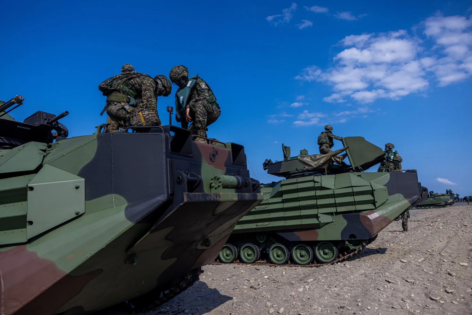 Taiwanese assault vehicles simulate an amphibious landing by China during a military exercise in Pingtung.&nbsp;